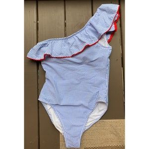 J Crew Blue and White Seersucker Bathing Suit sz 6